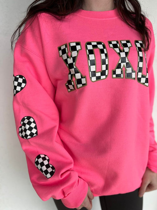 Neon Pink Checkered XOXO Sweatshirt - Plus Size